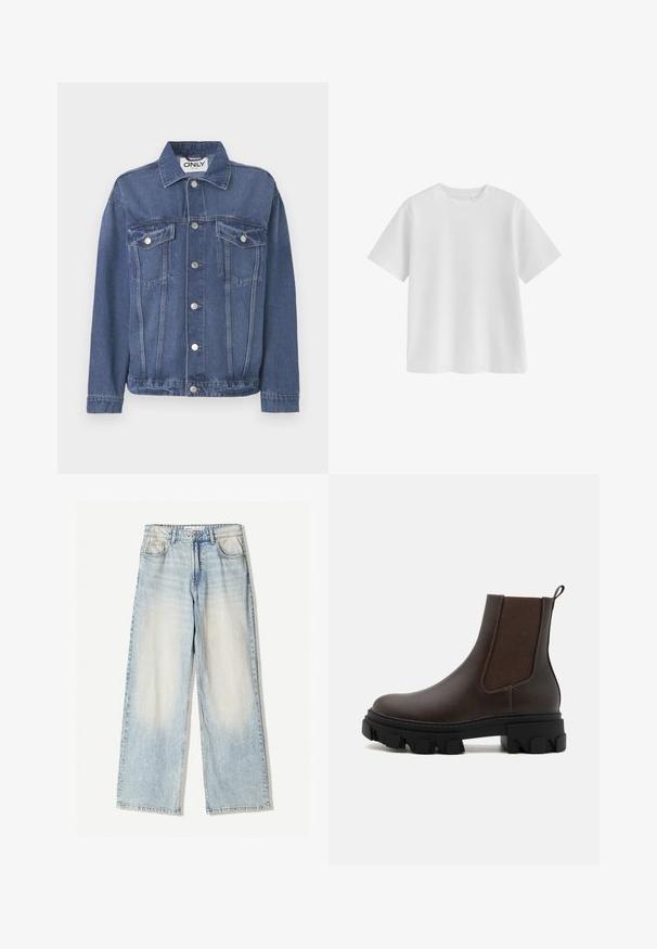 Denimjakke i en mellemblå nuance med et klassisk design. Har to brystlommer, sølvknapper og en krave.; Ensfarvet hvid T-shirt med korte ærmer og rund hals, normal pasform og glat stofstruktur på hvid baggrund.; Lyseblå denimbukser med vid ben, der har fem lommer, subtil falmning og synlige sømme langs kanterne.; Brune læder Chelsea-støvler med elastiske sidepaneler, teksturerede stofaccenter, tyk sort gummisål og en pull-tab bagpå.