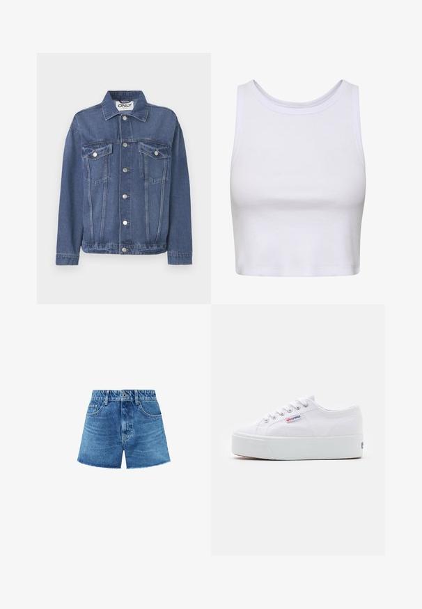 Jeansjacke in einem mittleren Blauton mit klassischem Design. Verfügt über zwei Brusttaschen, silberne Knöpfe und einen Kragen.; Weißes Crop-Top aus geripptem Stoff, mit rundem Ausschnitt und ärmellosem Design in körperbetonter Silhouette. Keine Muster oder Akzente.; Hellblaue Jeansshorts mit hoher Taille, fünf Taschen, Gürtelschlaufen und einem rohen Saum. Der Stoff hat eine leicht verblasste Optik.; Weiße Leinenschuhe mit einer dicken weißen Plattformsohle, runder Zehenpartie und Metallösen für die Schnürsenkel. Markenlogo an der Seite angebracht.