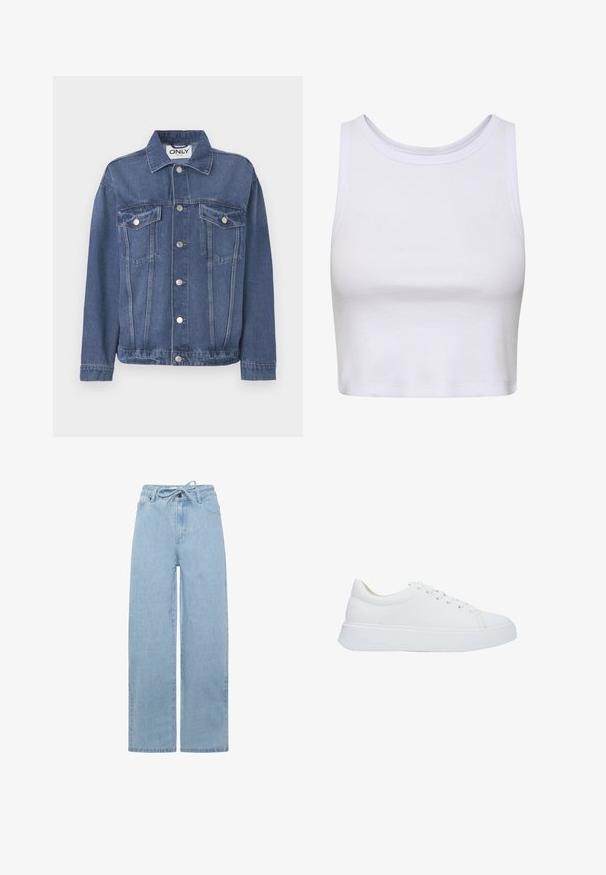 Jeansjacke in einem mittleren Blauton mit klassischem Design. Verfügt über zwei Brusttaschen, silberne Knöpfe und einen Kragen.; Weißes Crop-Top aus geripptem Stoff, mit rundem Ausschnitt und ärmellosem Design in körperbetonter Silhouette. Keine Muster oder Akzente.; Helle blaue weit geschnittene Jeans aus Denim mit einem Kordelzugbund und einem klassischen Fünf-Taschen-Design. Der Stoff hat eine glatte Textur.; Weiße Leder-Sneaker mit runder Zehenpartie, flachen Schnürsenkeln und einer dicken Gummisohle. Glatte Oberfläche mit minimalen Nähdetails.