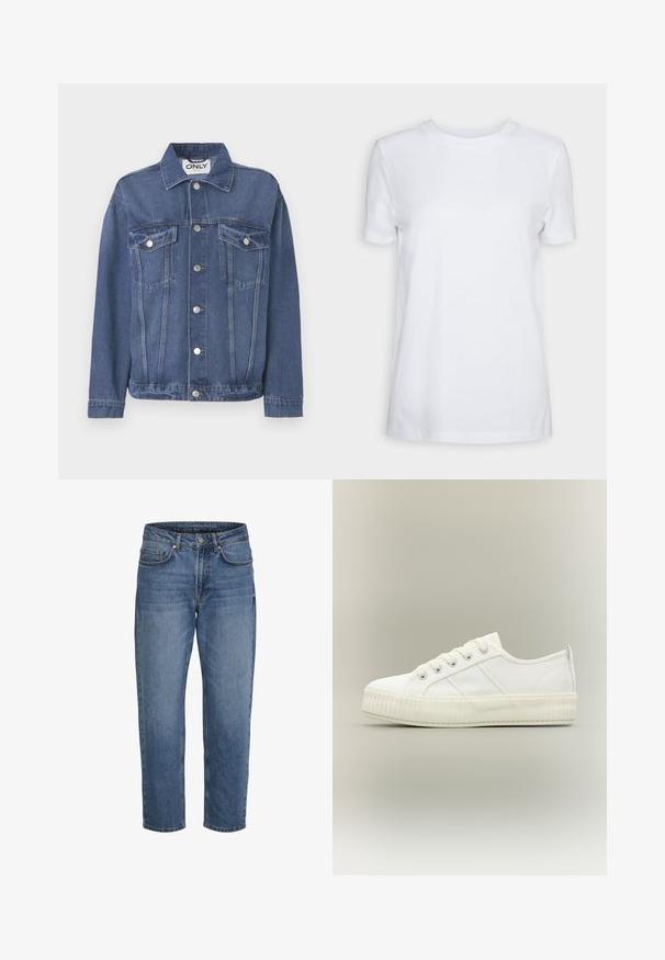 Denimjakke i en mellemblå nuance med et klassisk design. Har to brystlommer, sølvknapper og en krave.; Simpel hvid T-shirt med korte ærmer og rund hals, normal pasform og et lille indvendigt mærke på nakken med teksten "SELECTED FEMME."; Blå denim jeans med lige ben, forfra lukning med knap og lynlås samt lommer foran og bagpå, vist mod en hvid baggrund.; Hvid lavtop sneaker med tyk ribbet sål, snørelukning foran og trækflap på hælen mod en neutral baggrund.