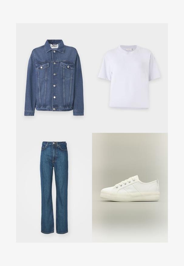 Veste en denim de couleur bleu moyen avec un design classique. Comprend deux poches sur la poitrine, des boutons en argent et un col.; T-shirt en coton blanc avec une coupe décontractée, des manches courtes, un col rond et sans motifs ni embellissements visibles. Texture lisse.; Jean en denim bleu avec une coupe droite, doté d'une fermeture par bouton, de passants pour ceinture et de plusieurs détails de poches. Texture subtile.; Baskets basses blanches avec semelle épaisse côtelée, lacets à l'avant et languette à l'arrière sur fond neutre.