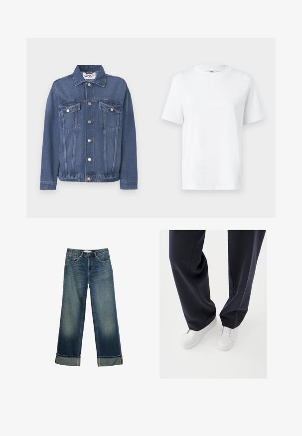 Denimjakke i en mellemblå nuance med et klassisk design. Har to brystlommer, sølvknapper og en krave.; Hvid bomulds T-shirt med rund hals, kortærmet og en glat tekstur. Designet med en afslappet pasform for komfort og alsidighed.; Bredde ben blå denim jeans med en falmet finish, fem lomme-design og foldede manchetter med kontrastsyninger. Glat tekstur.; Hvide sneakers med teksturerede gummisåler og flade snørebånd, kombineret med mørkeblå bukser i løs, glat stof og skræddersyet pasform.