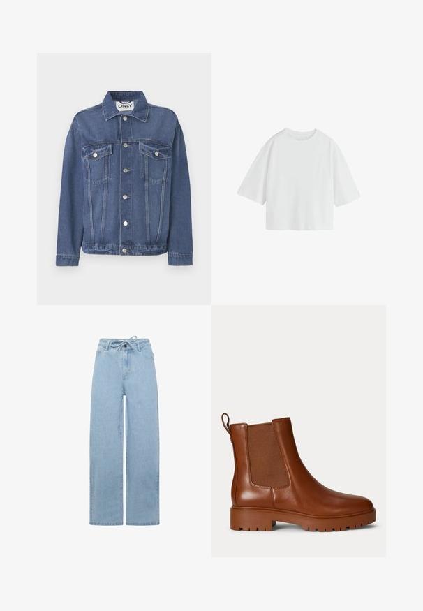 Denimjakke i en mellemblå nuance med et klassisk design. Har to brystlommer, sølvknapper og en krave.; Simpel hvid oversized T-shirt med korte ærmer, rund hals og løs pasform.; Lyseblå vidde jeans lavet af denim, med en snoretræk i taljen og et standard fem-lomme design. Stoffet har en glat tekstur.; Brun læder Chelsea-støvle med elastisk sidepanel, trækstrop ved hælen og kraftig udvendig sål.