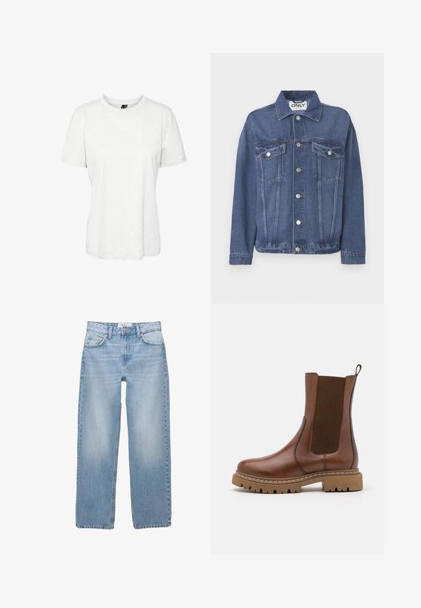 Denimjakke i en mellemblå nuance med et klassisk design. Har to brystlommer, sølvknapper og en krave.; Hvid kortærmet t-shirt lavet af bomuld med rund halsudskæring og afslappet pasform. Glat tekstur og ingen synlige mønstre eller dekorationer.; Lyseblå denimbukser med lige ben, fem-pockets stil og synlige syninger. Stofmaterialet har en blød, let falmet tekstur.; Brune læder ankelstøvle med elastiske paneler og en trækflap. Har en kraftig gummisål og synlige stikninger langs kanterne.