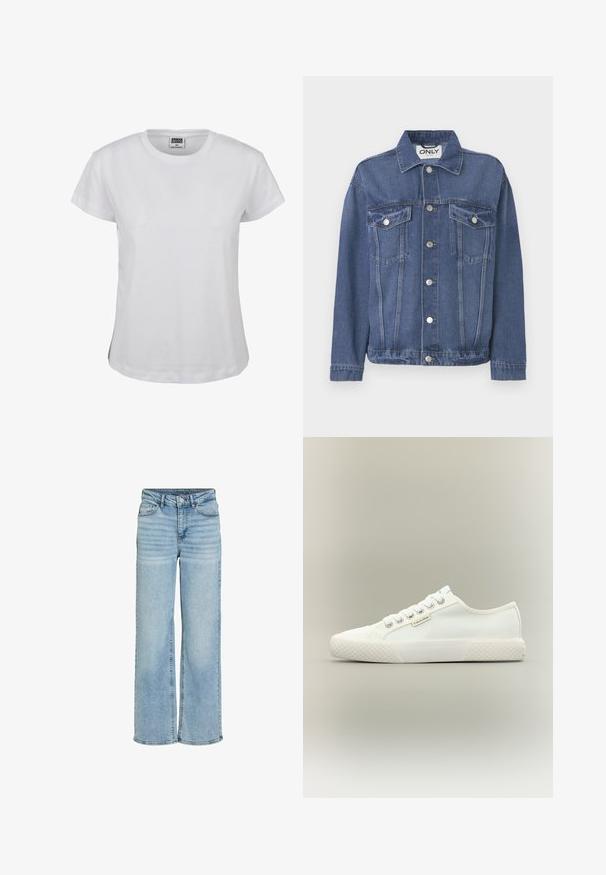 Veste en denim de couleur bleu moyen avec un design classique. Comprend deux poches sur la poitrine, des boutons en argent et un col.; T-shirt en coton blanc avec un col rond classique, des manches courtes et un ourlet droit. Présente une étiquette avec "URBAN CLASSICS" en noir.; Jean bleu clair taille haute à jambes larges avec bouton à l'avant, fermeture éclair et design à cinq poches, présenté sur fond blanc.; Baskets basses blanches en toile avec semelle en caoutchouc texturée, lacets blancs et petite étiquette Calvin Klein sur le côté.