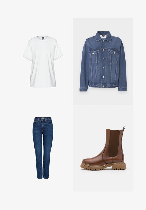 Jeansjacke in einem mittleren Blauton mit klassischem Design. Verfügt über zwei Brusttaschen, silberne Knöpfe und einen Kragen.; Weißes Baumwoll-T-Shirt mit Rundhalsausschnitt, kurzen Ärmeln und lockerem Sitz. Verfügt über dezente Steppnähte und ein Etikett am Kragen.; Dunkelblaue Jeans aus Denim mit geradem Bein, hoher Taille, fünf Taschen, heller Naht und feinem strukturiertem Finish.; Braune Leder-Ankle-Boots mit elastischen Einsätzen und einem Ziehschlaufe. Sie verfügen über eine robuste Gummisohle und sichtbare Nahtdetails entlang der Kanten.