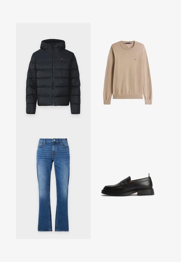 Sort dunjakke med hætte, der har kviltede sektioner, fuld lynlås foran og et lille logo øverst til venstre. Blødt, tekstureret stof.; Beige, langærmet sweater lavet af glat stof. Rund halsudskæring med ribbede manchetter og kant. Lille logo detalje på brystet.; Mellemblå denim flared jeans. Har fem lommer, syede detaljer, knaplukning og en let falmet tekstur på benene.; Sort læderloafer med tyk sål, rundet tå og remdetalje over toppen, vist i sideprofil på hvid baggrund.