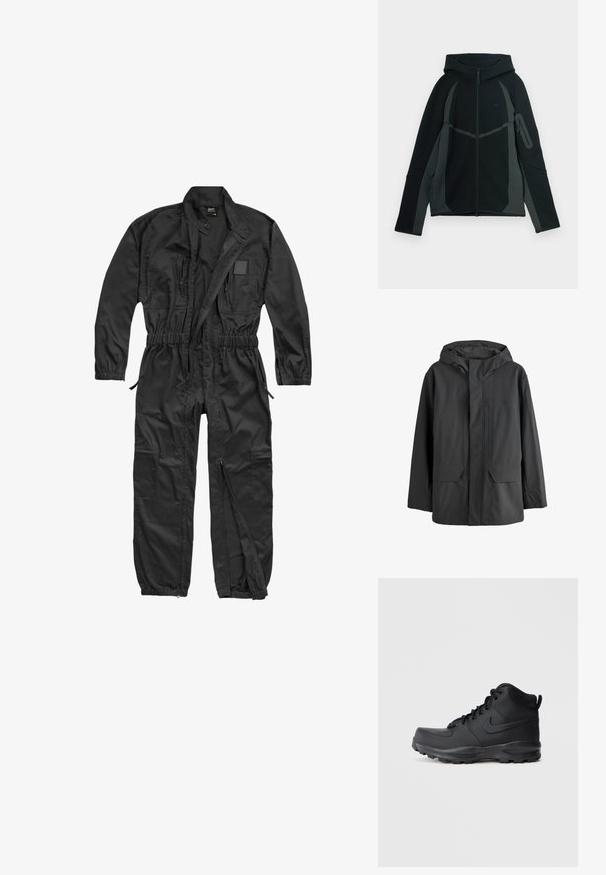Schwarze wasserdichte Kapuzenjacke mit Frontklappe, die den Reißverschluss verdeckt, und zwei großen Fronttaschen.; Brandit BRANDIT HERREN EINSATZKOMBI - Jumpsuit - black; Schwarzer und dunkelgrauer Hoodie mit einem Reißverschluss vorne, großer Kapuze und seitlicher Reißverschlusstasche. Verfügt über ein strukturiertes Design und kontrastierende Einsätze.; Schwarze High-Top-Sneaker mit einem glatten synthetischen Obermaterial, runder Zehenpartie, gepolstertem Schaft und strukturiertem Gummisohle. Verfügt über ein Schnürdesign und ein Logo-Element.