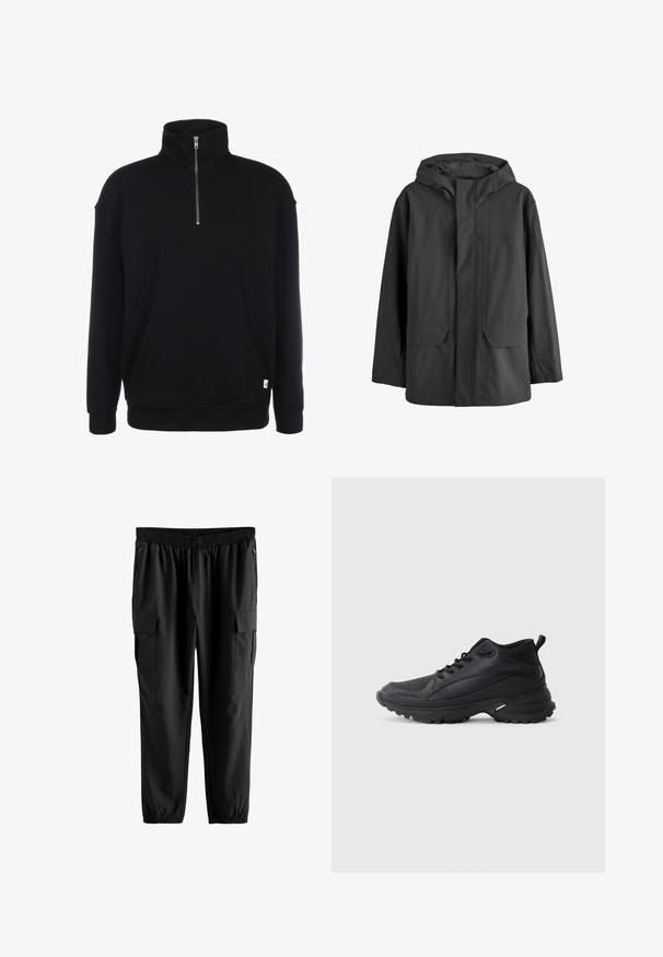 Zwarte waterdichte jas met capuchon, met een voorflap die de ritssluiting bedekt en twee grote voorzakken.; Zwarte sweatshirt met rits en lange mouwen, zachte textuur, een voorzak en een klein groen logo aan de onderrand.; Zwarte cargobroek met een elastische tailleband, zijzakken met rits en twee grote cargozakken met klepsluitingen. Glad, lichtgewicht materiaal.; Zwarte sportschoenen gemaakt van synthetisch materiaal. Voorzien van een gevoerde kraag, ronde neus, stevige buitenzool met grip en merkembleem.