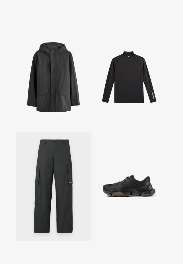 Chaqueta impermeable negra con capucha, con solapa frontal que cubre la cremallera y dos grandes bolsillos delanteros.; Camiseta negra deportiva de manga larga con cuello alto falso, corte ajustado y logo blanco "J.Lindeberg" en la manga izquierda y el cuello.; Pantalones cargo rectos negros con bolsillos laterales con solapa, cierre de botón, trabillas para cinturón y pequeño logo blanco en la solapa del bolsillo derecho.; Zapatilla deportiva negra con suela texturizada, parte superior de cuero y gamuza, cuello acolchado y cierre con cordones, mostrada en perfil lateral.