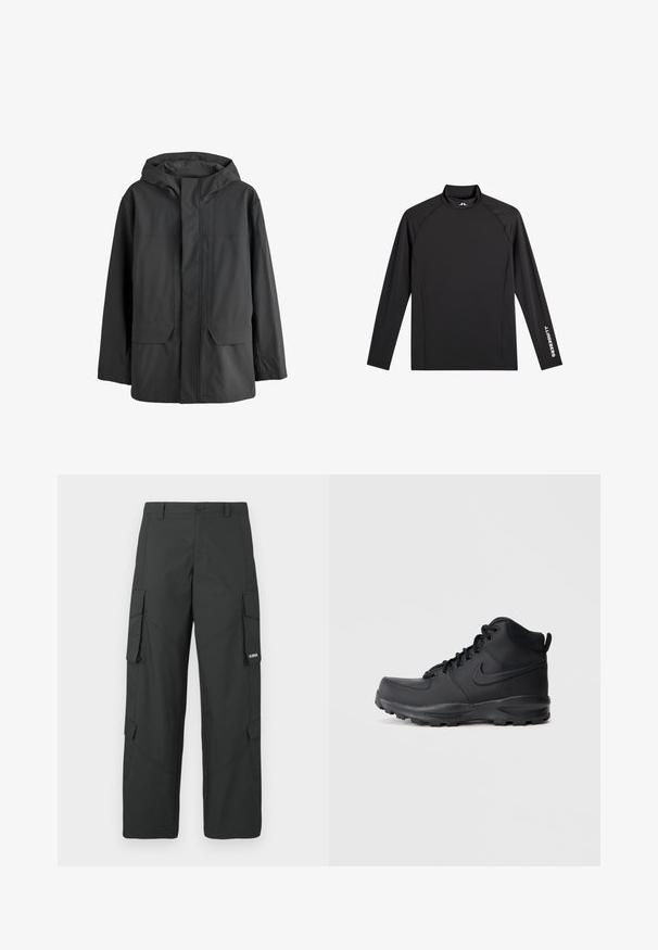 Chaqueta impermeable negra con capucha, con solapa frontal que cubre la cremallera y dos grandes bolsillos delanteros.; Camiseta negra deportiva de manga larga con cuello alto falso, corte ajustado y logo blanco "J.Lindeberg" en la manga izquierda y el cuello.; Pantalones cargo rectos negros con bolsillos laterales con solapa, cierre de botón, trabillas para cinturón y pequeño logo blanco en la solapa del bolsillo derecho.; Zapatilla alta negra con un upper sintético suave, puntera redonda, cuello acolchado y suela de goma texturizada. Presenta un diseño de cordones y acento de logo.
