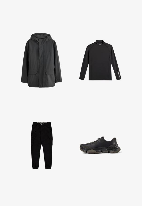 Chaqueta impermeable negra con capucha, con solapa frontal que cubre la cremallera y dos grandes bolsillos delanteros.; Camiseta negra deportiva de manga larga con cuello alto falso, corte ajustado y logo blanco "J.Lindeberg" en la manga izquierda y el cuello.; Pantalones cargo negros hechos de algodón, con múltiples bolsillos, un diseño ajustado y puños elásticos en los tobillos.; Zapatilla deportiva negra con suela texturizada, parte superior de cuero y gamuza, cuello acolchado y cierre con cordones, mostrada en perfil lateral.