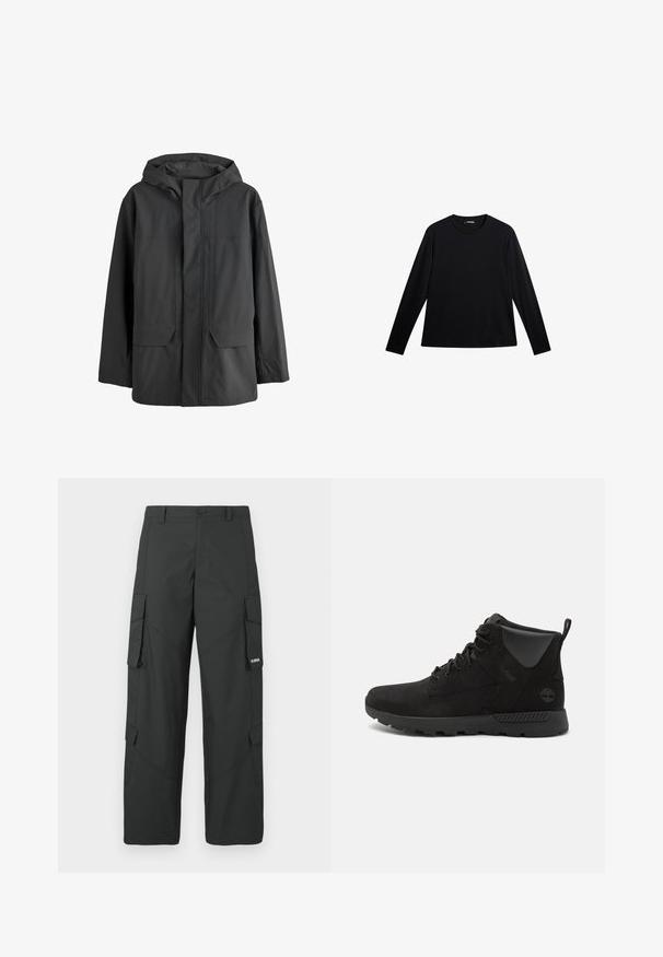 Veste noire imperméable à capuche avec rabat frontal couvrant la fermeture éclair et deux grandes poches avant.; T-shirt noir à manches longues en tissu lisse, doté d'un col rond et d'un logo discret sur le devant, avec une coupe décontractée.; Pantalons cargo noirs à jambes droites avec poches latérales à rabat, fermeture à bouton, passants de ceinture et petit logo blanc sur le rabat de la poche droite.; Bottes montantes noires en suede et matériaux synthétiques, avec une surface texturée, un design à lacets et une semelle en caoutchouc antidérapante.