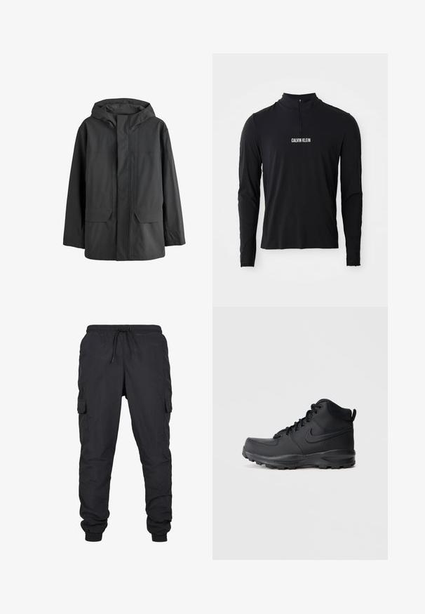 Sort vandtæt hættejakke med frontklap, der dækker lynlåsen, og to store forlommer.; Sort langærmet top med høj krave, der har en kvartlynlås og hvid "CALVIN KLEIN" logo på forsiden. Glat, strækbart stof.; Sorte cargo bukser med elastisk talje og snoretræk, med sidelommer og manchetter. Lavet af let og holdbart stof.; Sort high-top sneakers med en glat syntetisk overdel, rund tå, polstret krave og tekstureret gummisål. Har snørebåndsdesign og logoaccent.