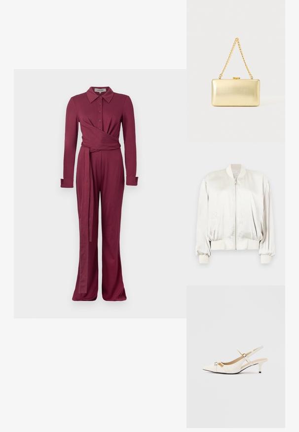 Off-white Satin-Bomberjacke mit Frontreißverschluss, geripptem Kragen, Bündchen, Bund und Seitentaschen.; Burgunderfarbener langärmliger Jumpsuit mit einem Kragen, Knopfverschluss, Wickeldesign und weitem Bein. Weiches, strukturiertes Material.; Weißer spitzer Slingback-Kittenheel mit goldener Schnalle und Riemendetail, glatte Lederoberfläche und schlanker Absatz vor hellem Hintergrund.; Rechteckige goldene Clutch mit glänzender Oberfläche, Metallverschluss und kurzem goldenen Kettenhenkel vor hellem, einfarbigem Hintergrund.