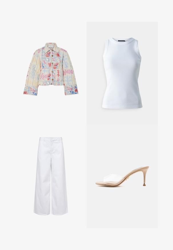 Chaqueta acolchada en crema claro con patrones florales en rosa, azul y verde. Presenta un cuello con solapa y cierre de botones.; Top sin mangas blanco hecho de tela acanalada, con un escote redondo y una silueta ajustada. Textura suave, sin patrones ni acentos visibles.; Pantalones anchos blancos de algodón, con una cinturilla estructurada y bolsillos frontales. Textura suave con un diseño limpio y minimalista.; Zueco beige de tacón alto con una tira ancha transparente y un pequeño detalle dorado en el tacón fino sobre un fondo liso.