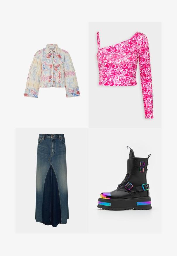Veste matelassée en crème clair avec des motifs floraux roses, bleus et verts. Présente un col et une fermeture à boutons.; Even&Odd by Zalando T-shirt à manches longues - pink; Jupe maxi en denim bleu avec pli inversé à l'avant, passants de ceinture, fermeture par bouton et zip, et délavage pâli.; Koi Footwear COSMIC FIRE METAL PLATFORM BOOTS - Bottines à lacets - black/multi-coloured