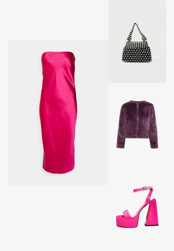 Paarse faux fur jas met een ronde halslijn, lange mouwen en een ritssluiting aan de voorkant. Zachte textuur met een cropped ontwerp.; Gina Tricot TUBE MIDI DRESS - Cocktailjurk - magenta; Roze platform sandalen met een brede vierkante hak, enkelband, een gladde afwerking en een open teen ontwerp. Gespaccent op de enkel.; Zwart-witte met kralen versierde handtas met een kort hengsel, voorzien van afwisselend parelachtige en zwarte gefacetteerde kralen in een geruit patroon.