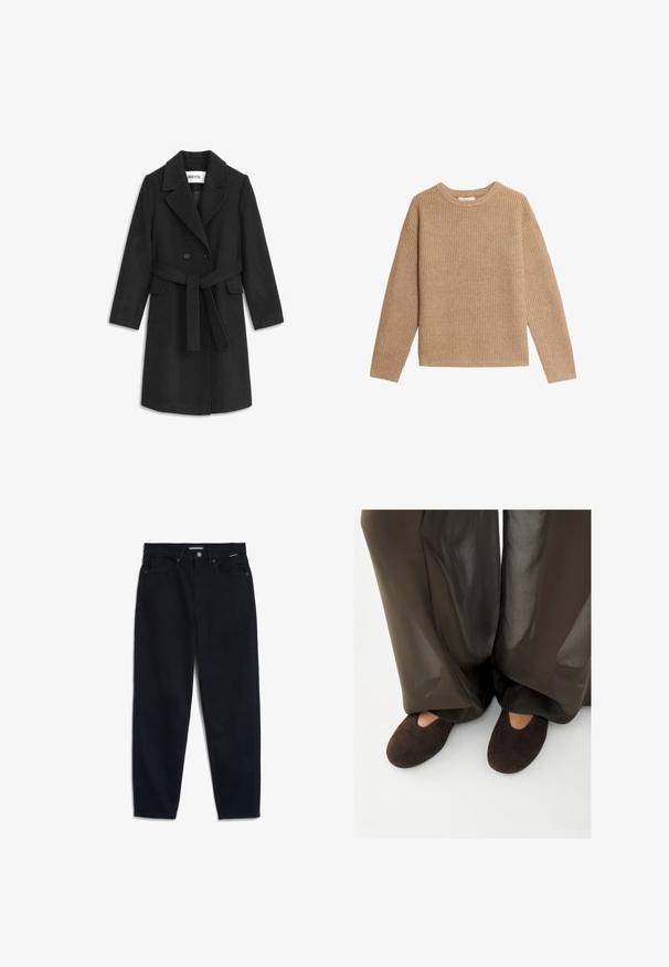 Abrigo de mezcla de lana negra con frente cruzado, cuello acanalado, bolsillos laterales y un cinturón a juego para abrochar.; Suéter beige de manga larga tejido con cuello redondo y textura acanalada, colocado plano sobre un fondo blanco.; Jeans de mezclilla negra con pierna recta, diseño de cinco bolsillos y cierre de botón. La tela tiene una textura suave y costuras mínimamente visibles.; Persona con zapatillas de ante marrón oscuro, con una pequeña abertura, combinadas con pantalones anchos, semi-transparentes y de color marrón oscuro que cubren los tobillos.