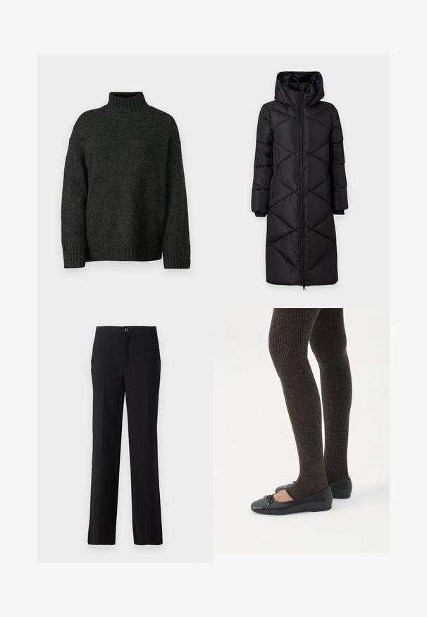 Sort polstret lang frakke med hætte, der har skrå syninger, to sidelommer med lynlås og ribbede manchetter. Glat, vandafvisende stof.; Vero Moda Tall VMMADDIE HIGHNECK PULL - Striktrøje - dark grey melange; Sorte bukser med lige ben, lavet af glat stof. Inkluderer knaplukning foran og sidelommer.; Ben iført mørke ribbede leggings kombineret med sorte balletsko med små sløjfedetaljer på hvid baggrund.