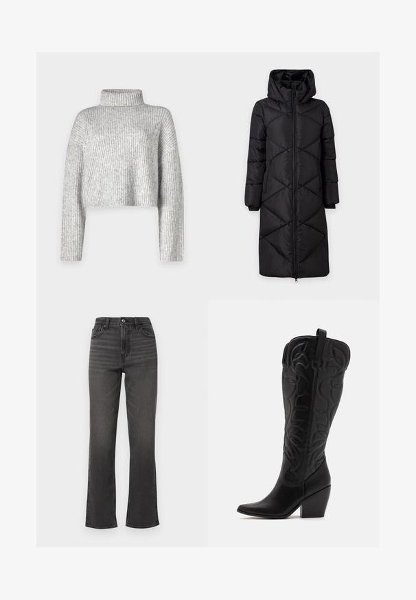 Manteau long noir rembourré avec une capuche, présentant des coutures diagonales, deux poches zippées sur les côtés et des poignets côtelés. Tissu lisse et résistant à l'eau.; Pull gris court en tissu côtelé, doté d'un col haut et de manches longues, avec une texture douce et une légère variation de couleur.; Jean taille haute, jambe droite en denim gris foncé avec un léger effet délavé, poches avant et fermeture à un bouton. Design épuré et minimaliste.; Bottes hautes en cuir noir jusqu'aux genoux avec bout pointu et talon empilé. Caractéristiques de coutures décoratives et éléments de design courbés.