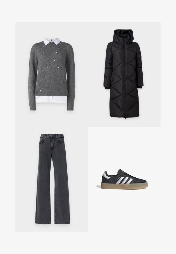 Abrigo largo acolchado negro con capucha, con costuras diagonales, dos bolsillos laterales con cremallera y puños acanalados. Tejido liso y resistente al agua.; Suéter gris con un cuello redondo, mangas largas y una camisa blanca con cuello debajo. Decorado con acentos dispersos similares a perlas. Textura suave.; Jeans acampanados de mezclilla negra con cintura alta, que cuentan con dos bolsillos frontales y sutiles detalles de costura a lo largo de las costuras.; Zapatilla deportiva de cuero negro con tres rayas plateadas, punta texturizada y suela de goma. Cuenta con un collar acolchado y un diseño con cordones.