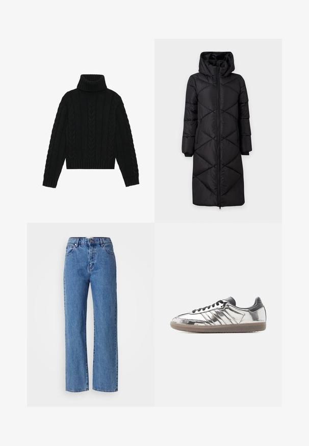 Manteau long noir rembourré avec une capuche, présentant des coutures diagonales, deux poches zippées sur les côtés et des poignets côtelés. Tissu lisse et résistant à l'eau.; Pull en maille noire à col roulé avec un ourlet côtelé et un motif en tricot torsadé, doté de manches longues et d'un col structuré.; Jean droit bleu clair en denim, avec taille haute, design à cinq poches et couture contrastante. Finition de l'ourlet propre.; Baskets basses avec dessus argenté réfléchissant, lacets et talon noirs, et semelle en caoutchouc beige sur un fond clair uni.