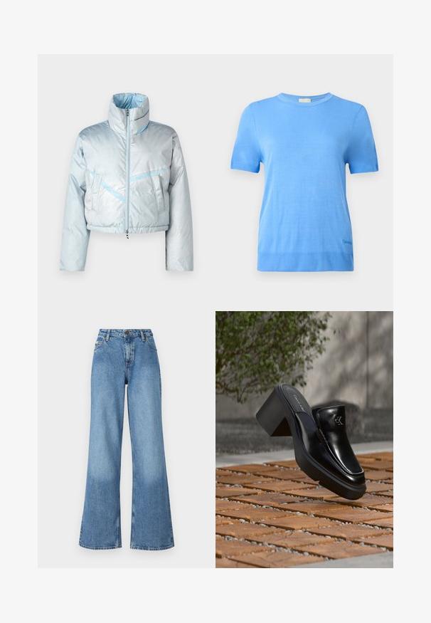 Helles blauer, kurzer Pufferjacke mit hohem Kragen, Reißverschluss, zwei Vordertaschen und kontrastierenden blauen Nahtdetails. Glatte Textur.; Calvin Klein Strickpullover - blue twilight; Hoch taillierte blaue Jeans mit weitem Bein, vorderen Taschen, Gürtelschlaufen sowie einem Knopf- und Reißverschluss.; Schwarze Leder-Slip-on-Mule von Calvin Klein mit Blockabsatz, die auf Holzfliesen im Freien nahe einer grünen Pflanze und einer grauen Wand ruht.