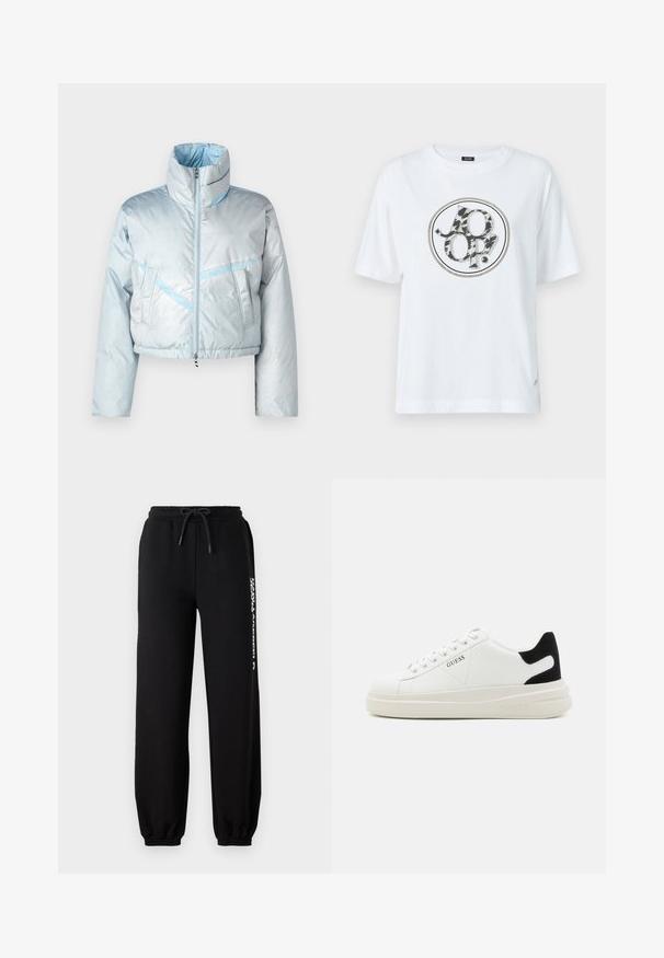 Veste courte en duvet bleu clair avec un col montant, fermeture éclair, deux poches avant et des détails de couture en bleu contrasté. Texture lisse.; T-shirt blanc en coton avec un logo graphique rond à motif animal en noir et gris. Manches courtes et coupe décontractée.; Pantalons de survêtement noirs avec une taille élastique, un cordon de serrage ajustable et des poignets fuselés. Présente un logo blanc imprimé sur le côté gauche.; Baskets en cuir blanc avec une épaisse semelle blanche, un accent en daim noir au niveau du talon et un logo embossé sur le côté. Design à lacets avec six œillets.
