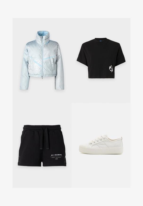 Veste courte en duvet bleu clair avec un col montant, fermeture éclair, deux poches avant et des détails de couture en bleu contrasté. Texture lisse.; T-shirt noir court en coton doux. Il présente un col rond, des manches courtes et un logo blanc sur le côté gauche.; Short noir à taille élastique avec cordon, poches latérales, détails boutons sur les côtés, et texte blanc All Saints avec des caractères japonais sur la jambe gauche.; Baskets en toile blanches avec une semelle en caoutchouc texturé, un bout arrondi et un design à lacets avec trois bandes latérales.