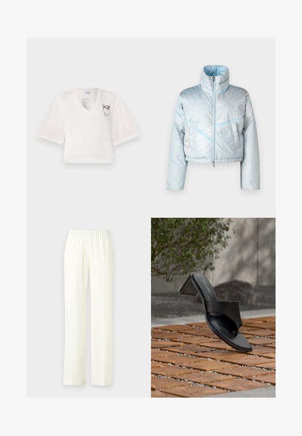 Chaqueta de plumas corta en azul claro con cuello alto, cierre de cremallera, dos bolsillos frontales y detalles de costura en azul contrastante. Textura suave.; Camiseta blanca cortada con cuello en V hecha de una tela suave. Presenta mangas cortas y un diseño gráfico en negro de aves en el lado izquierdo del pecho.; Pantalones de pierna ancha en crema claro con una cinturilla elástica para mayor comodidad. Tejido suave con un diseño fluido; sin patrón ni acentos visibles.; Sandalia de tacón negra de Calvin Klein con lazo en el dedo sobre un suelo de baldosas de madera al aire libre, cerca de un árbol y un muro de piedra.