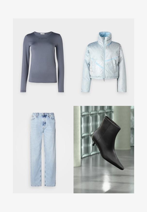 Veste courte en duvet bleu clair avec un col montant, fermeture éclair, deux poches avant et des détails de couture en bleu contrasté. Texture lisse.; Chemise grise à manches longues en matière douce, dotée d'un col rond et du mot "BLANCHE" imprimé en noir sur la poitrine.; Jeans large bleus clairs en denim, avec une taille haute, un lavage décoloré et un motif tie-dye subtil à l'avant.; Bottine en cuir noir avec bout pointu et petit talon, présentée devant un mur en blocs de verre et un sol poli.