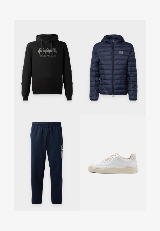 Chaqueta acolchada navy con capucha, con secciones acolchadas horizontales, cremallera frontal y logotipo de EA7 en el área del pecho izquierdo.; Sudadera negra con capucha que presenta un destacado logo gráfico gris "EA7 Emporio Armani". Fabricada en un tejido suave, con mangas largas y un corte holgado.; Pantalones de chándal azul marino con cintura elástica, piernas ajustadas y un logo blanco en el lateral. Tejido suave con una textura ligera.; Zapatilla blanca con parte superior de cuero suave, cordones beige y un tirador de talón de ante beige texturizado. Suela elevada para mayor altura.
