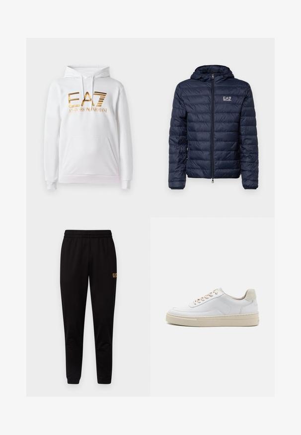 Chaqueta acolchada navy con capucha, con secciones acolchadas horizontales, cremallera frontal y logotipo de EA7 en el área del pecho izquierdo.; Sudadera blanca con bolsillo frontal, que presenta un logo metálico dorado que dice "EA7 EMPORIO ARMANI". Tela suave y puños acanalados.; Pantalones de chándal negros con cintura elástica, puños ajustados y un pequeño logo amarillo en la parte superior de la pierna izquierda. Textura de tela suave y lisa.; Zapatilla blanca con parte superior de cuero suave, cordones beige y un tirador de talón de ante beige texturizado. Suela elevada para mayor altura.
