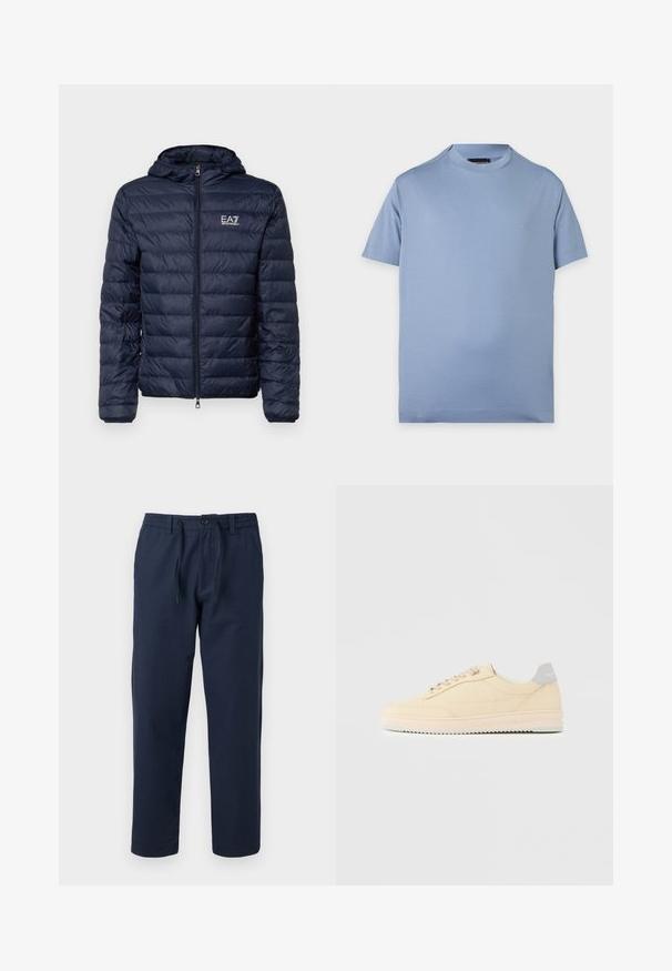 Veste matelassée bleu marine avec capuche, présentant des sections matelassées horizontales, une fermeture éclair à l'avant, et un logo EA7 sur la poitrine à gauche.; T-shirt uni bleu clair à manches courtes et col rond avec un petit logo discret sur la partie gauche de la poitrine sur fond blanc.; Pantalon bleu marine droit avec taille élastique, fermeture par bouton et cordon à l'avant, adapté pour un usage décontracté.; Baskets basses beige à lacets, semelle rose clair et languette grise à l'arrière marquée "Filling Pieces", vues de profil sur fond uni.
