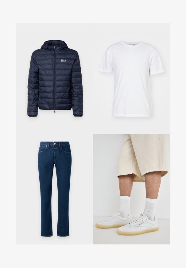 Navyblaues Pufferjacke mit Kapuze, ausgestattet mit horizontalen Steppnähten, Frontreißverschluss und EA7-Logo auf der linken Brustseite.; Weißes Baumwoll-T-Shirt mit Rundhalsausschnitt, kurzen Ärmeln und geradem Schnitt. Keine Muster oder Verzierungen, glatte Textur und schlichtes Design.; Dunkelblaue Denim-Jeans mit einem schlanken, geraden Bein, klassischem Fünf-Taschen-Design und einem Knopfverschluss am Bund.; Weisse Leder-Sneaker mit Kautschuksohlen, versehen mit perforierten Akzenten, Schnürsenkeln und einem Logo auf der Zunge. Getragen mit weissen Crew-Socken und beigen Shorts.