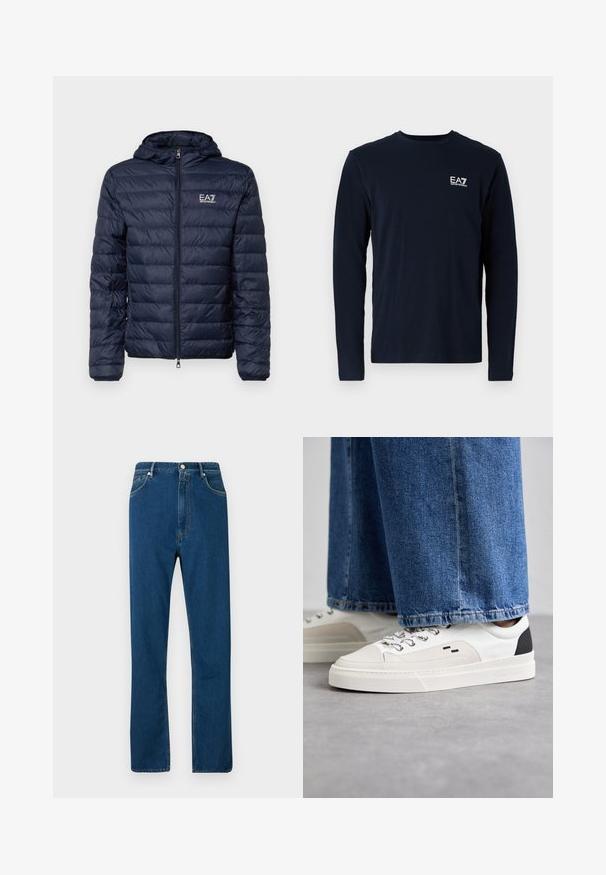 Navyblaues Pufferjacke mit Kapuze, ausgestattet mit horizontalen Steppnähten, Frontreißverschluss und EA7-Logo auf der linken Brustseite.; Marineblaues Langarm-T-Shirt aus Baumwolle, mit Rundhalsausschnitt und kleinem weißen EA7-Logo auf der linken Brust. Angenehme, glatte Textur.; Blaue Jeans mit hohem Bund, geradem Schnitt, Fünf-Taschen-Design und kontrastierendem orangefarbenem Nähen. Geschmeidige Textur.; Weiße und schwarze Sneaker mit einem Obermaterial aus glattem Leder, strukturierten Akzenten und einer massiven weißen Sohle. Verfügt über ein klassisches Schnürdesign.