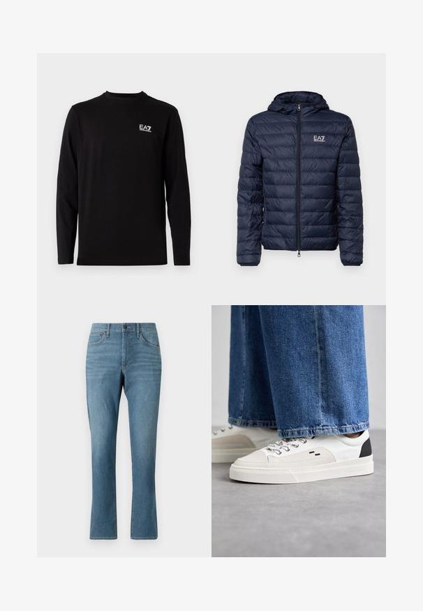 Chaqueta acolchada navy con capucha, con secciones acolchadas horizontales, cremallera frontal y logotipo de EA7 en el área del pecho izquierdo.; Camisa negra de manga larga hecha de tela suave. Presenta un pequeño logo blanco en la parte superior izquierda del pecho. Cuello redondo sencillo y corte recto.; Vaqueros de mezclilla azul claro con corte recto, que cuentan con bolsillos delanteros y traseros, cremallera en la bragueta y un ligero desvanecimiento en la tela.; Zapatillas blancas y negras con una parte superior de cuero suave, acentos texturizados y una suela blanca gruesa. Presenta un diseño clásico de cordones.