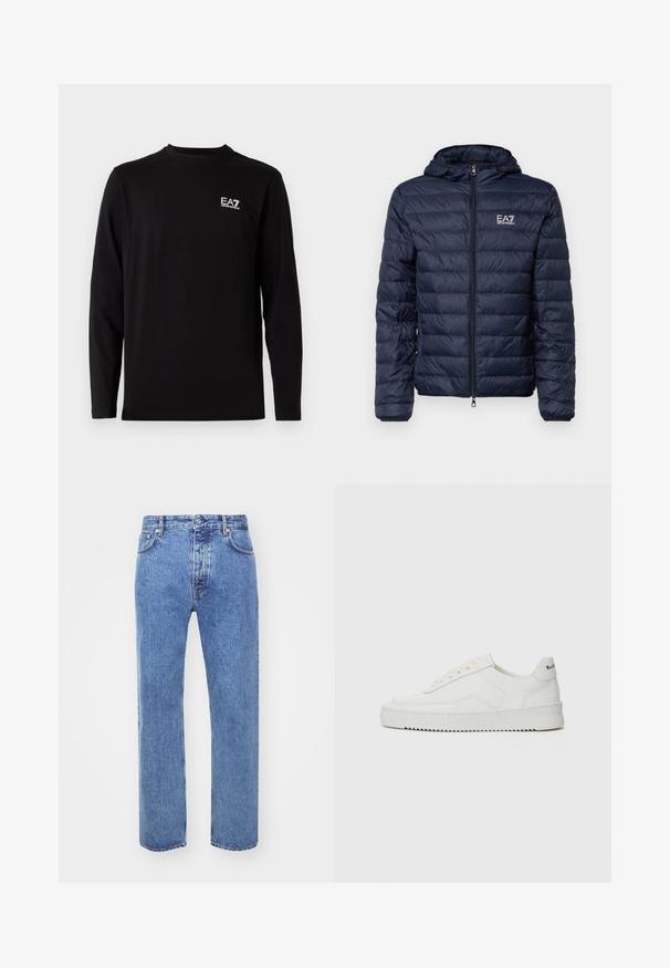 Marineblauwe gewatteerde jas met capuchon, voorzien van horizontaal gestikte secties, een ritssluiting aan de voorkant en EA7-logo op de linkerkant van de borst.; Zwarte lange mouwen shirt gemaakt van zacht materiaal. Bevat een klein wit logo op de linkerkant van de borst. Eenvoudige, ronde halslijn en rechte snit.; Won Hundred STEVE - Relaxed fit jeans - cut blue; Witte leren sneaker met een gladde afwerking, ronde neus, platte veters en een gestructureerde zool. Kenmerkt zich door een subtiel logo op de hiel.