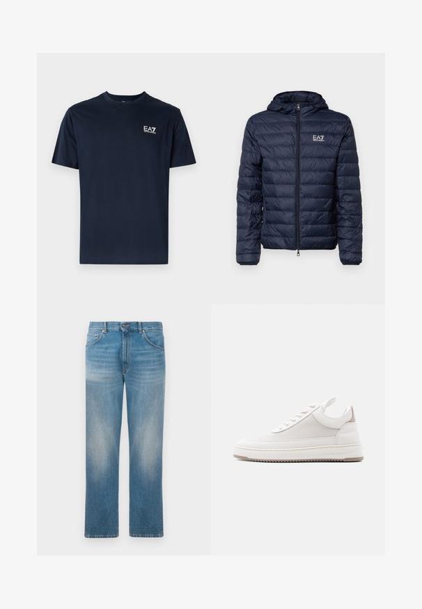 Marineblauwe gewatteerde jas met capuchon, voorzien van horizontaal gestikte secties, een ritssluiting aan de voorkant en EA7-logo op de linkerkant van de borst.; Navyblauwe katoenen t-shirt met korte mouwen, ronde halslijn en EA7-logo aan de linkerbovenkant in het wit. Gladde textuur, casual ontwerp.; Rechtaf deze blauwe denim jeans met vervaagde vlekken op de bovenbenen en knieën, met een klassieke vijf-pocketontwerp en knoopsluiting.; Witte lage sneaker met een gestructureerd zijpaneel, gewatteerde kraag, vetersluiting aan de voorkant en "Filling Pieces"-branding aan de zoolrand.