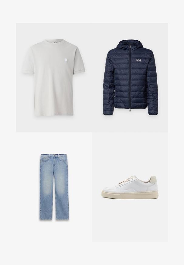 Marineblauwe gewatteerde jas met capuchon, voorzien van horizontaal gestikte secties, een ritssluiting aan de voorkant en EA7-logo op de linkerkant van de borst.; Lichtgrijze katoenen t-shirt met korte mouwen, ronde hals en een klein wit hexagonaal logo op de bovenste linkerzijde. Glad textuur.; Lichtblauwe straight-leg spijkerbroek met vijf zakken, riemlussen en een knoop- en ritsluiting.; Witte sneaker met een gevoerd leren bovenwerk, beige veters en een gestructureerde beige suede hieltab. Verhoogde zool voor extra hoogte.