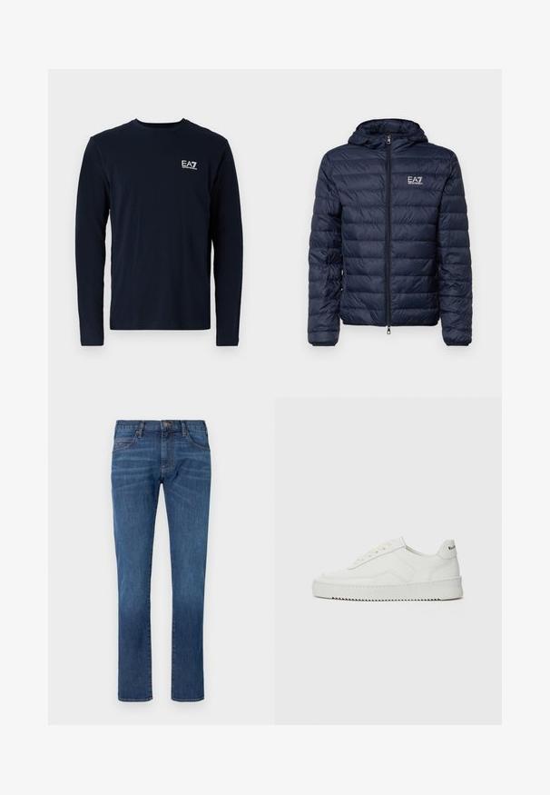 Marineblå pufferjakke med hætte, der har vandret quiltede sektioner, frontlynlås og EA7-branding på venstre brystområde.; Navy langærmet t-shirt lavet af bomuld, med rund hals og et lille hvidt EA7-logo på venstre bryst. Glat tekstur.; Blå denimjeans med lige ben, der har et klassisk design med fem lommer og knaplukning. Diskret falming over stofteksturområdet.; Hvide lædersneakers med en glat overflade, rund tå, flade snørebånd og en tekstureret sål. Har et diskret logo på hælen.