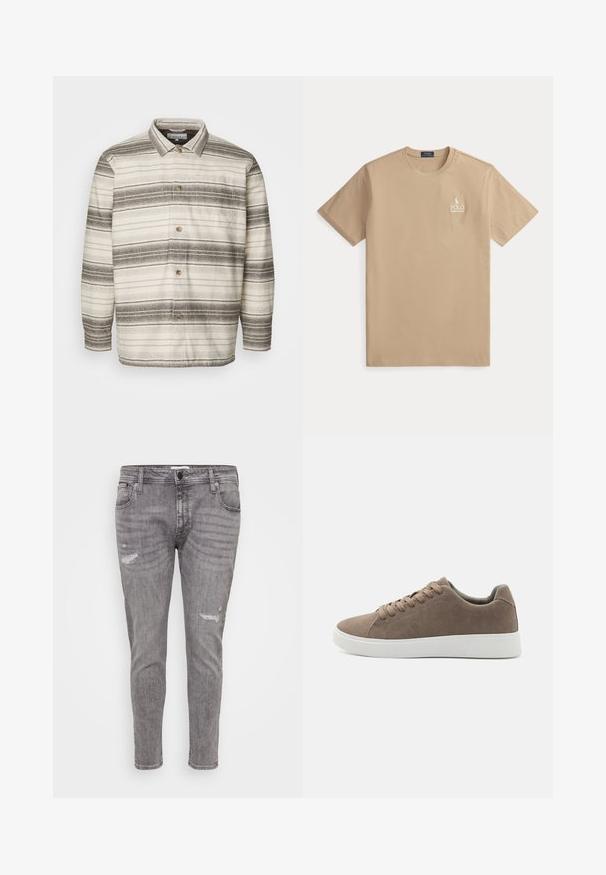 Skjorte med knapper i cremefarvet bund med mørkebrune vandrette striber, med krave, lange ærmer og en brystlomme.; Beige Polo Ralph Lauren t-shirt med korte ærmer, rund hals og lille hvidt logo på venstre bryst.; Grå denim jeans med slidte detaljer, slim fit, standard fem-lomme design og en let sammenløbende ben.; Brune ruskinds sneakers med flade hvide gummisåler, snørelukning, rund tå og en glat overflade. Minimalistisk stil med diskrete syninger.