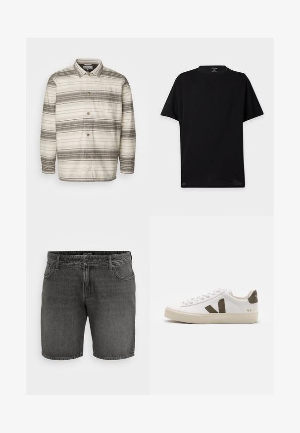Hemd mit cremefarbener Basis und dunkelbraunen horizontalen Streifen, mit Kragen, langen Ärmeln und einer Brusttasche.; Schlichtes schwarzes T-Shirt mit kurzen Ärmeln und Rundhalsausschnitt ohne sichtbare Logos oder Designs, dargestellt vor hellem Hintergrund.; Schwarze Jeansshorts mit einem klassischen Fünf-Taschen-Design, Knopfverschluss und gestickten Akzenten. Hergestellt aus strapazierfähigem Baumwollmaterial.; Weiße Leder-Sneaker mit einer hellbeigen Gummisohle. Mit braunem Wildleder-V-Logo und Fersenlasche. Schnürverschluss mit texturierter Oberfläche.