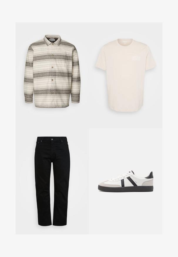 Chemise boutonnée avec une base crème et des rayures horizontales marron foncé, dotée d'un col, de manches longues et d'une poche poitrine.; T-shirt en coton beige clair avec un col rond, des manches courtes et un petit logo blanc sur le côté gauche de la poitrine. Texture lisse.; Jean noir en coton, avec une coupe classique, un design à cinq poches et un bouton métallique. Texture lisse avec des jambes droites.; Baskets blanches avec des accents noirs et gris, présentant un embout texturé gris, une semelle en caoutchouc noir et des lacets plats blancs. Design épuré, style minimaliste.