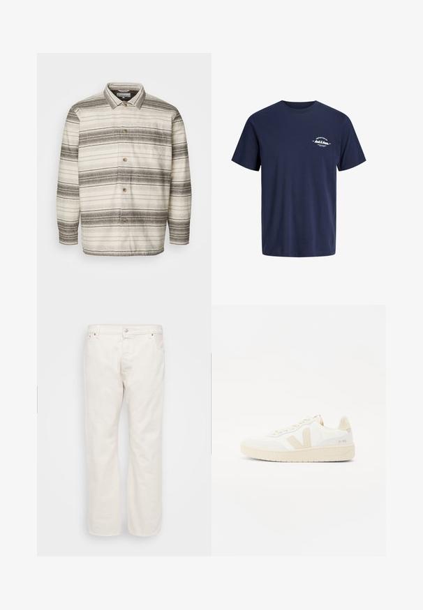 Hemd mit cremefarbener Basis und dunkelbraunen horizontalen Streifen, mit Kragen, langen Ärmeln und einer Brusttasche.; Marineblaues T-Shirt mit kurzen Ärmeln und Rundhalsausschnitt mit kleinem weißen Schriftzug "Definition of Jack & Jones" auf der linken Brust.; Weiße Denim-Jeans mit geradem Schnitt, ausgestattet mit einem Knopfverschluss, Gürtelschlaufen und zwei Seitentaschen. Glatte Textur, minimale Details.; Weißer Sneaker mit beigen Akzenten, ausgestattet mit einem strukturierten Obermaterial, runder Zehenpartie und einer dicken Gummisohle. Das Design umfasst das ikonische V-Logo und Branding.