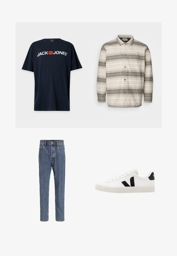 Knoopblouse met een crèmekleurige basis en donkerbruine horizontale strepen, voorzien van een kraag, lange mouwen en een borstzak.; Zwart T-shirt met korte mouwen met witte "JACK JONES" tekst en een rood vierkant logo gecentreerd op de borst.; Lichtblauwe spijkerbroek met vijf zakken, rechte pijpen, knoopsluiting en riemlussen, getoond tegen een effen achtergrond.; Witte leren sneaker met zwarte suède accenten; voorzien van een rubberen zool, ronde neus en een klassieke vetersluiting. Zijkant met logo in het zwart.