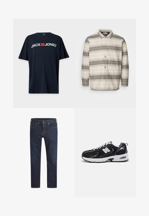 Skjorte med knapper i cremefarvet bund med mørkebrune vandrette striber, med krave, lange ærmer og en brystlomme.; Sort T-shirt med korte ærmer med hvid "JACK JONES" tekst og et rødt firkantet logo centreret på brystet.; Mørkeblå denim jeans med lige ben, fem-lomme design og metalknaplukning. Har kontrasterende syning overalt.; Sorte og grå sportssko med mesh og ruskind på overdelen, der har en hvid mellemsål, snørebånd og et iøjnefaldende "N" logo på siden.
