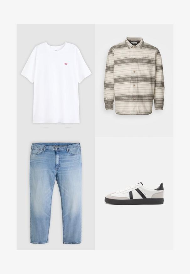 Skjorte med knapper i cremefarvet bund med mørkebrune vandrette striber, med krave, lange ærmer og en brystlomme.; Hvid bomulds t-shirt med korte ærmer og rund halsudskæring. Har et lille rødt Levi's logo på venstre bryst. Flad design, uden mønstre.; Lyseblå denimjeans med knap- og lynlåslukning foran, fem lommer og et lige ben; Hvide sneakers med sorte og grå detaljer, med en tekstureret grå tåhætte, sort gummisål og flade hvide snørebånd. Rent design, minimalistisk stil.