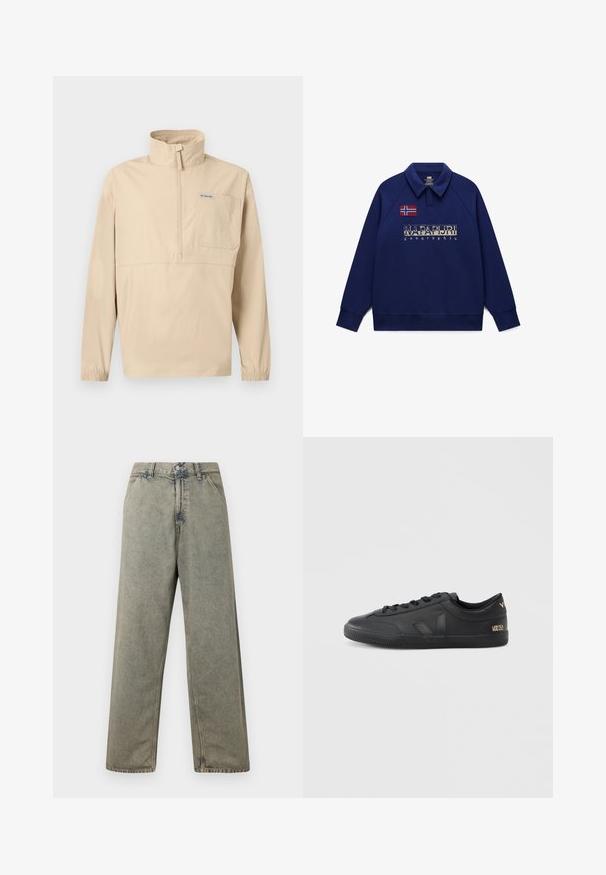 Beige langærmet pullover med halvlukning, høj krave, brystlomme med Columbia-logo og elastiske manchetter.; Mørkeblå langærmet pullover med krave, norsk flagpatch på brystet og slidt "Napapijri geographic" logo på forsiden.; Blå denim bukser med vid ben i en falmet grå farve, med knaplukning og traditionelt fem-lomme design med synlige syninger.; Sorte sneakers i læder med tekstureret overflade, rund tå, snørelukning og diskret branding på siden og hælen.